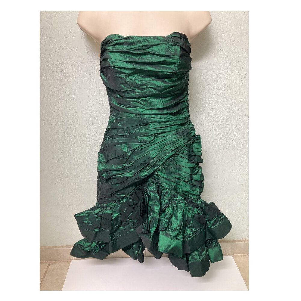 Vintage Tadashi Shoji Strapless Iridescent Green Mini Dress Bubble Hem Size 4